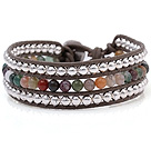 Fashion Multilayer 4mm Round Colorful Indian Agate And Silver Beads Hand-Knotted Brown Leather Wrap Bracelet