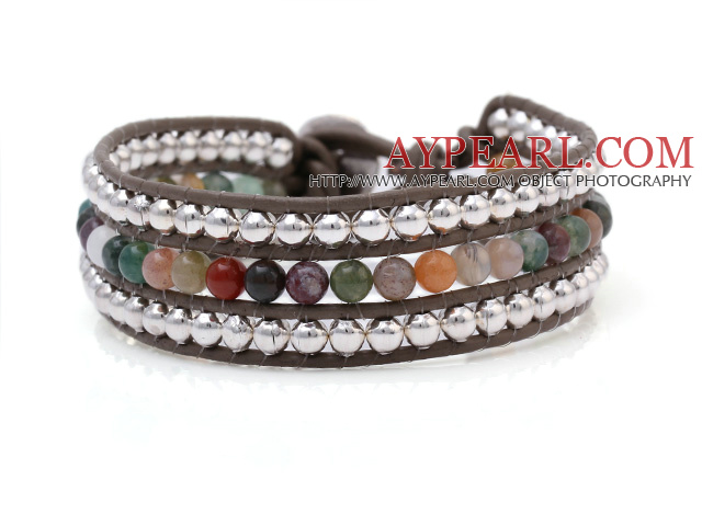 Fashion Multilayer 4mm Round Colorful Indian Agate And Silver Beads Hand-Knotted Brown Leather Wrap Bracelet