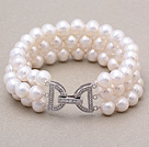 High Quality Three Strands 7-8mm Natural White Freshwater Pearl Beaded Bracelet With Letter Clasp