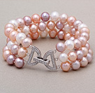 High Quality Three Strands 7-8mm Natural White Pink Purple Freshwater Pearl Beaded Bracelet With Letter Clasp