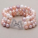 High Quality Tre Strands 7 - 8mm Natural White Pink Purple ferskvannsperle Beaded armbånd med Letter Clasp