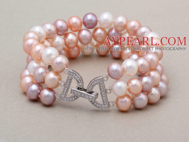 De haute qualité trois brins 7-8mm blanc naturel rose pourpre perle d'eau douce Bracelet perlé avec la lettre fermoir