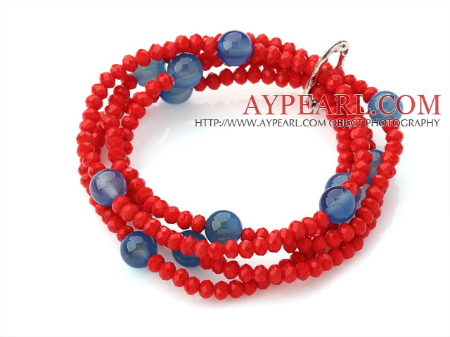 Fashion Multi Red Jade -Like Crystal And Round Fasettert Blå Agate Elastisk armbånd