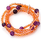 Fashion Multilayer Champagne Jade-Like Crystal And Round Purple Agate Elastic Bracelet