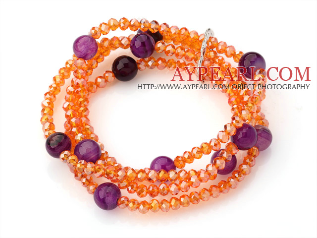 Fashion Multilayer Champagne Jade-Like Crystal And Round Purple Agate Elastic Bracelet