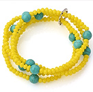 Fashion Multilayer Yellow Jade-Like Crystal And Round Green Turquoise Elastic Bracelet