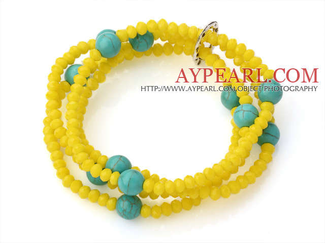Fashion Multilayer Yellow Jade-Like Crystal And Round Green Turquoise Elastic Bracelet