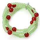 Wholesale Fashion Multilayer Apple Green Jade-Like Crystal And Faceted Round Red Agate Elastic Bracelet