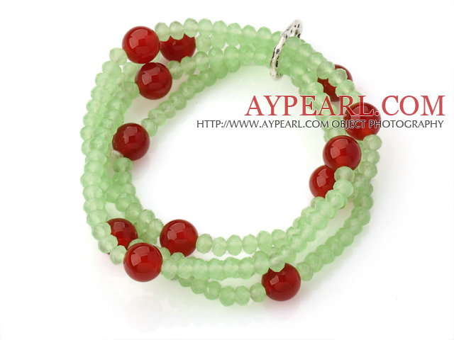 Fashion Multilayer Apple Green Jade-Like Crystal And Faceted Round Red Agate Elastic Bracelet