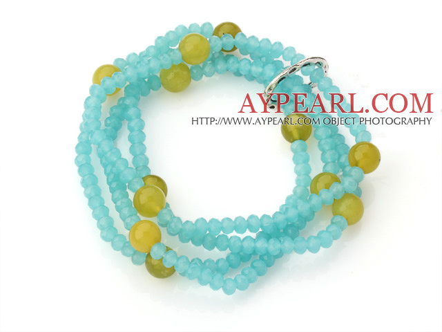 Mode multicouche jade bleu - comme le cristal et jaune Agate ronde bracelet élastique