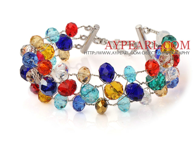 Fashion Three Strands Multi Colorful Crystal Wired Crochet Bangle Bracelet