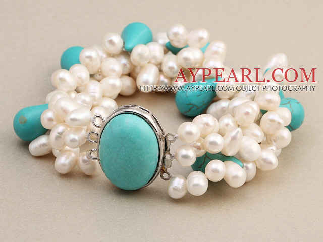 Fashion Multilayer White Freshwater Pearl And Tear Drop Blue Turquoise Wrap Bangle Bracelet