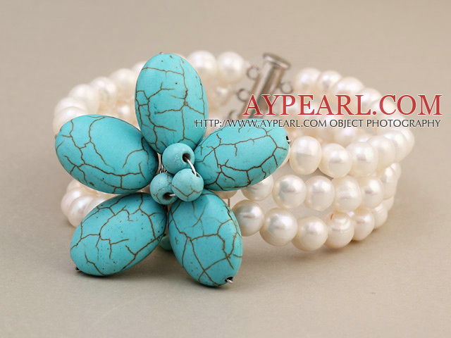 Fashion Three-Row White Freshwater Pearl And Wired Blue Turquoise Flower Wrap Bracelet