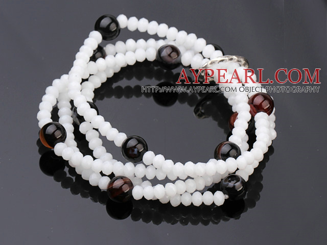 Fashion πολλαπλών Σκέλη Λευκό Jade -Like κρύσταλλο And Round Black Stone Stretch βραχιόλι