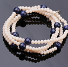 Fashion Multi Strands Flesh Pink Jade-Like Crystal And Round Lapis Stone Stretch Bracelet