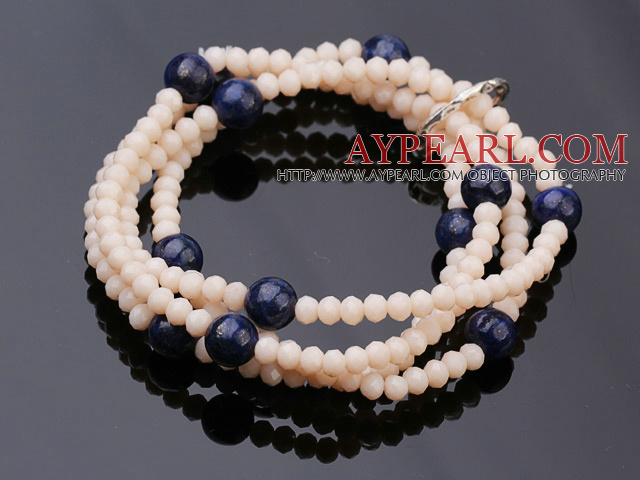 Fashion Multi Strands Flesh Pink Jade -Like Crystal And Round Lapis Stone Stretch Bracelet