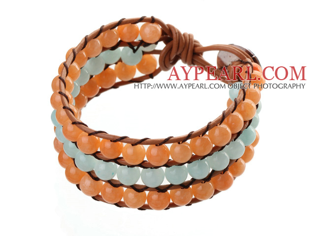Popular Three-Layer 6mm Round Orange And Blue Candy Jade Brown Leather Wrap Bracelet