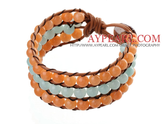 Trois couches populaires 6mm ronde orange et bracelet d'enveloppe bleue sucrerie Jade Brown en cuir