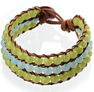 Popular Three-Layer 6mm Round Blue And Olive Color Jade Brown Leather Wrap Bracelet