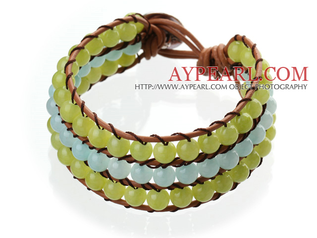 Popular Three-Layer 6mm Round Blue And Olive Color Jade Brown Leather Wrap Bracelet