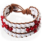 Popular Three-Layer 6mm Round White Porcelain And Red Bloodstone Brown Leather Wrap Bracelet