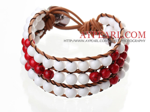 Wrap Bracelet populaire Trois - couche 6mm ronde en porcelaine blanche et rouge Bloodstone cuir brun