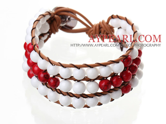 Popular Three-Layer 6mm Round White Porcelain And Red Bloodstone Brown Leather Wrap Bracelet