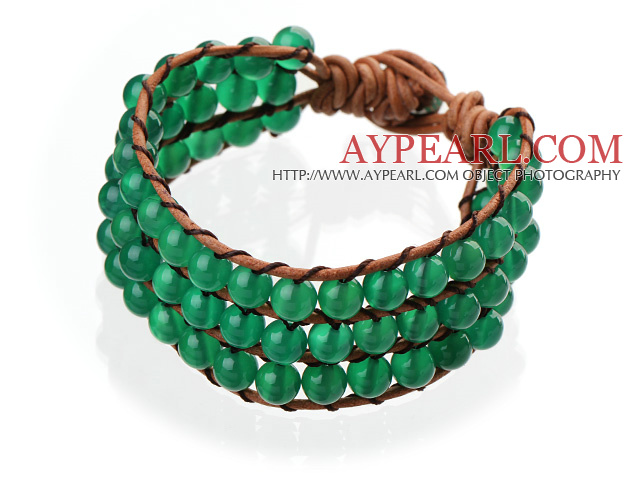 Popular Three-Layer 6mm Round Green Agate Brown Leather Wrap Bracelet