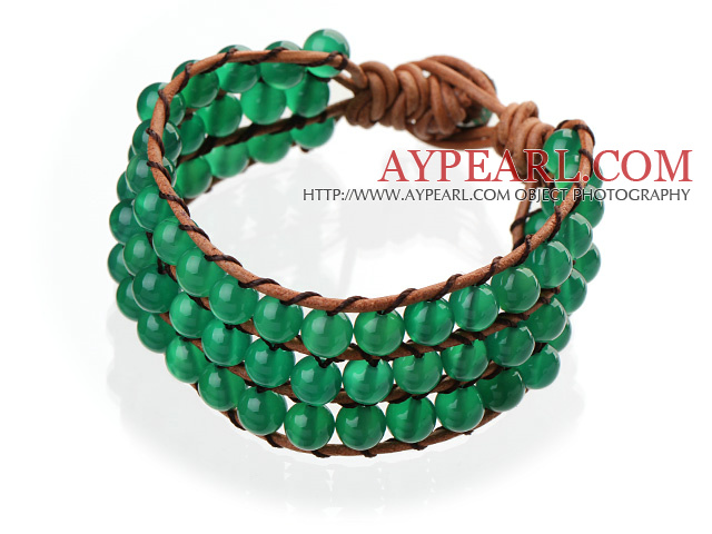 Suosittu kolmikerroksinen 6mm Round Green Akaatti Brown Leather Wrap rannerengas