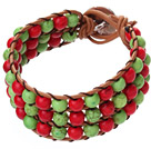 Popular Three-Layer 6mm Round Red And Green Turquoise Brown Leather Wrap Bracelet