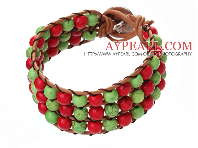 Wrap Bracelet populaire Trois - couche 6mm Rond Rouge Et Vert Turquoise Cuir Marron
