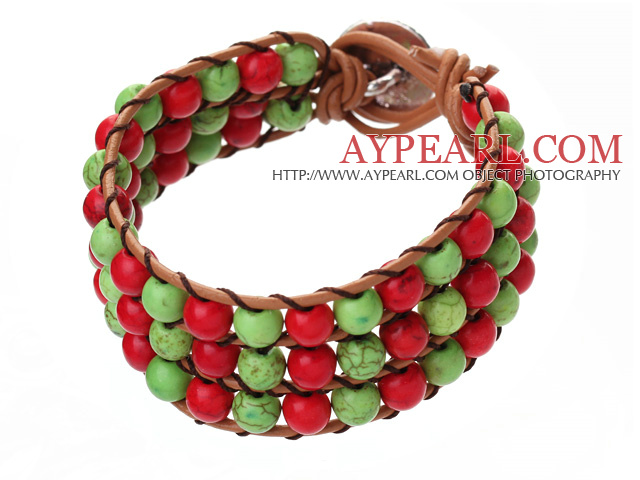 Popular Three-Layer 6mm Round Red And Green Turquoise Brown Leather Wrap Bracelet