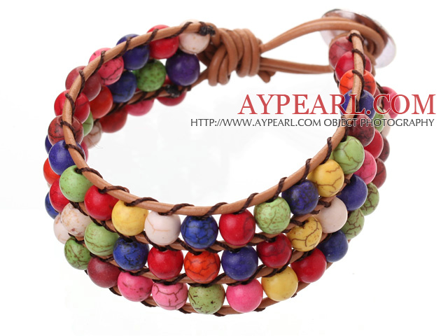 Wrap Bracelet trois couches populaires multi 6mm ronde colorée en cuir turquoise Brown
