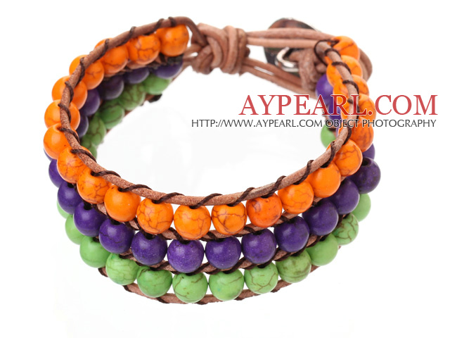 Popular Three-Layer 6mm Round Orange Purple And Green Turquoise Brown Leather Wrap Bracelet