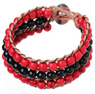 Popular Three-Layer 6mm Round Red Turquoise And Black Agate Brown Leather Wrap Bracelet