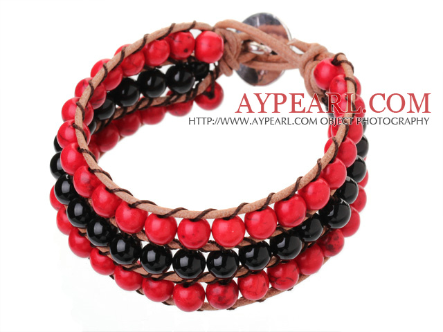 Popular Three-Layer 6mm Round Red Turquoise And Black Agate Brown Leather Wrap Bracelet