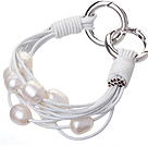 Fashion Multilayer 10-11mm Natural White Freshwater Pearl And White Leather Bracelet With Double-Ring Clasp