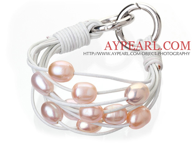 Fashion Multilayer 10-11mm Natural Pink Freshwater Pearl And White Leather Bracelet With Double-Ring Clasp