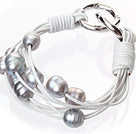 Fashion Multilayer 10-11mm Natural Gray Freshwater Pearl And White Leather Bracelet With Double-Ring Clasp