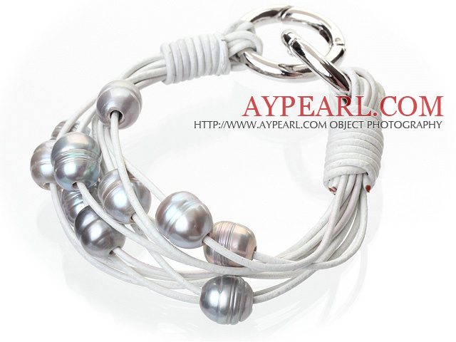Mode multicouche 10 - 11mm naturel perle d'eau douce gris et blanc Bracelet en cuir avec double anneau fermoir