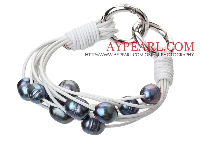 Fashion Multi 10 - 11mm Natural Svart Ferskvann Pearl og hvitt skinn armbånd med Double - ring lås