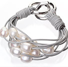 Fashion Multilayer 10-11mm Natural White Freshwater Pearl And Gray Leather Bracelet With Double-Ring Clasp