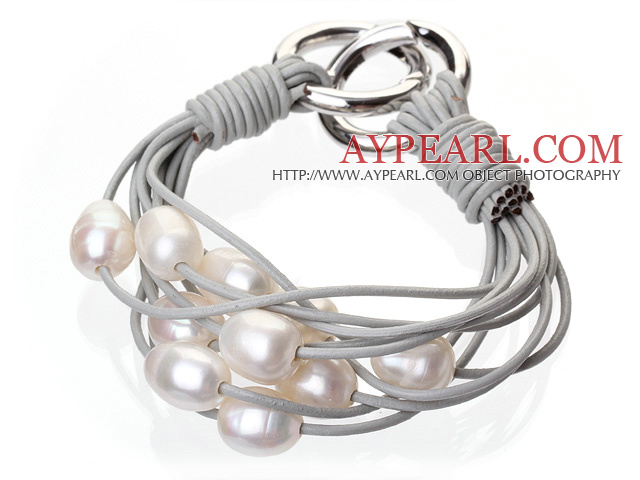 Fashion Multilayer 10-11mm Natural White Freshwater Pearl And Gray Leather Bracelet With Double-Ring Clasp