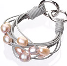 Fashion Multilayer 10-11mm Natural Pink Purple Freshwater Pearl And Gray Leather Bracelet With Double-Ring Clasp