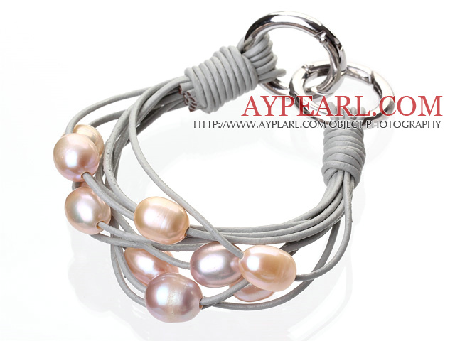 Fashion Multilayer 10-11mm Natural Pink Purple Freshwater Pearl And Gray Leather Bracelet With Double-Ring Clasp