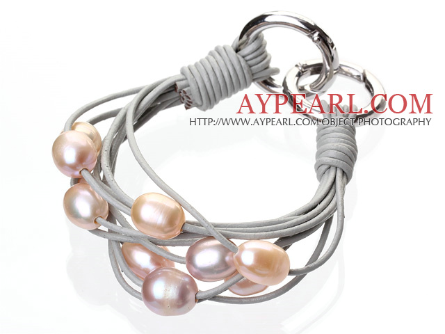 Fashion Multilayer- 10 -11mm natürliche Frischwasserperlen , Rosa, Lila und Grau Leder -Armband mit Doppel - Ring- Verschluss