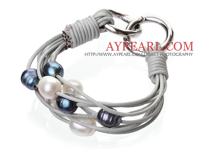 Fashion Multilayer 10-11mm Natural Black White Freshwater Pearl And Gray Leather Bracelet With Double-Ring Clasp