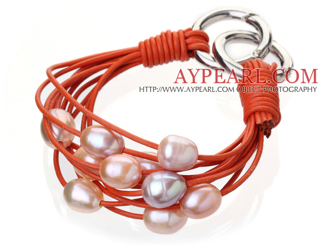 Fashion Multilayer 10-11mm Natural Pink Purple Freshwater Pearl And Orange Leather Bracelet With Double-Ring Clasp