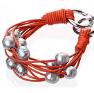 Fashion Multilayer 10-11mm Natural Gray Freshwater Pearl And Orange Leather Bracelet With Double-Ring Clasp