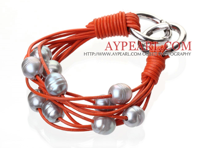 Fashion Multilayer- 10 -11mm natürliche Frischwasserperlen grau und orange Leder -Armband mit Doppel - Ring- Verschluss